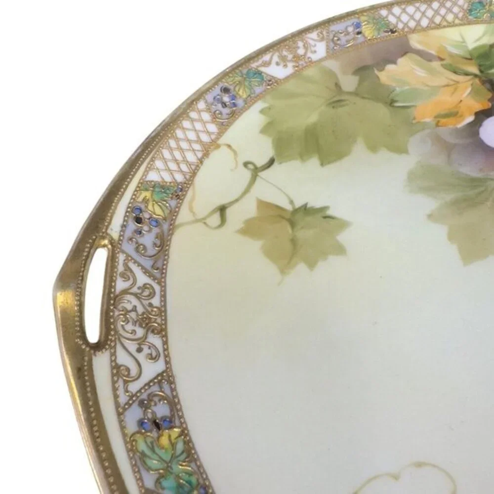 Antique Nippon HandPainted Large Platter Dish Plate W Handles Textured Porcelain